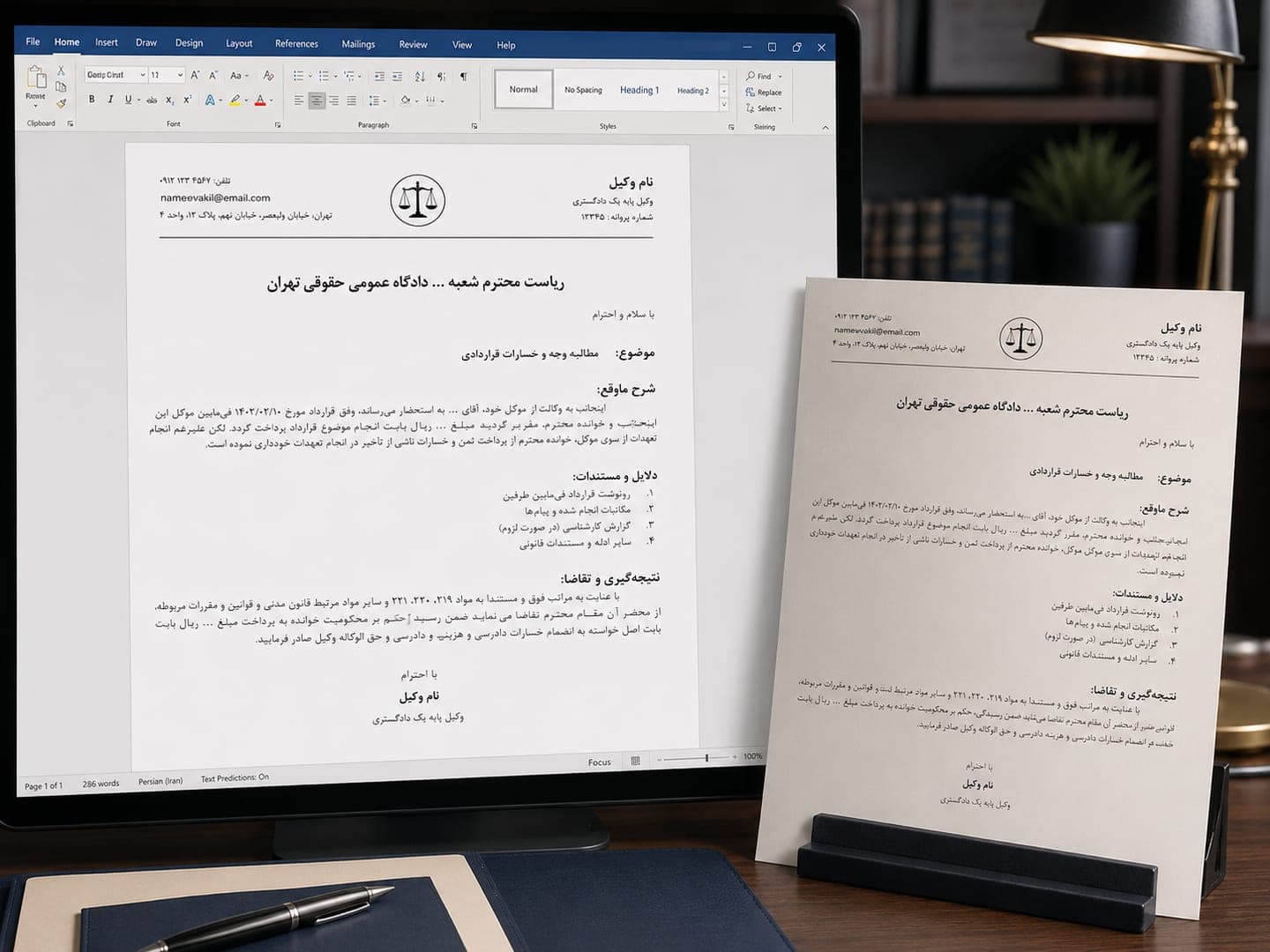 نمونه خروجی Word فارسی لایحه با سربرگ وکیل